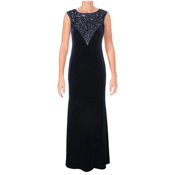 Aidan Mattox Full Length Navy Long Cap Sleeve Beaded Sheath Dress 10 - Picture 1 of 11